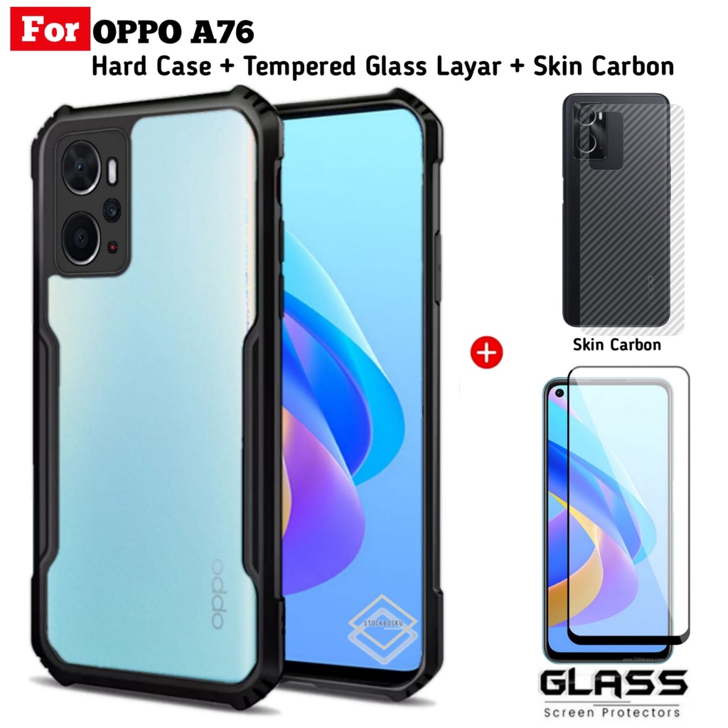 PAKET 3in1 Case OPPO A76 Hard Case Fusion Shockproof Casing Dan Tempered Glass Layar Warna FREE Skin