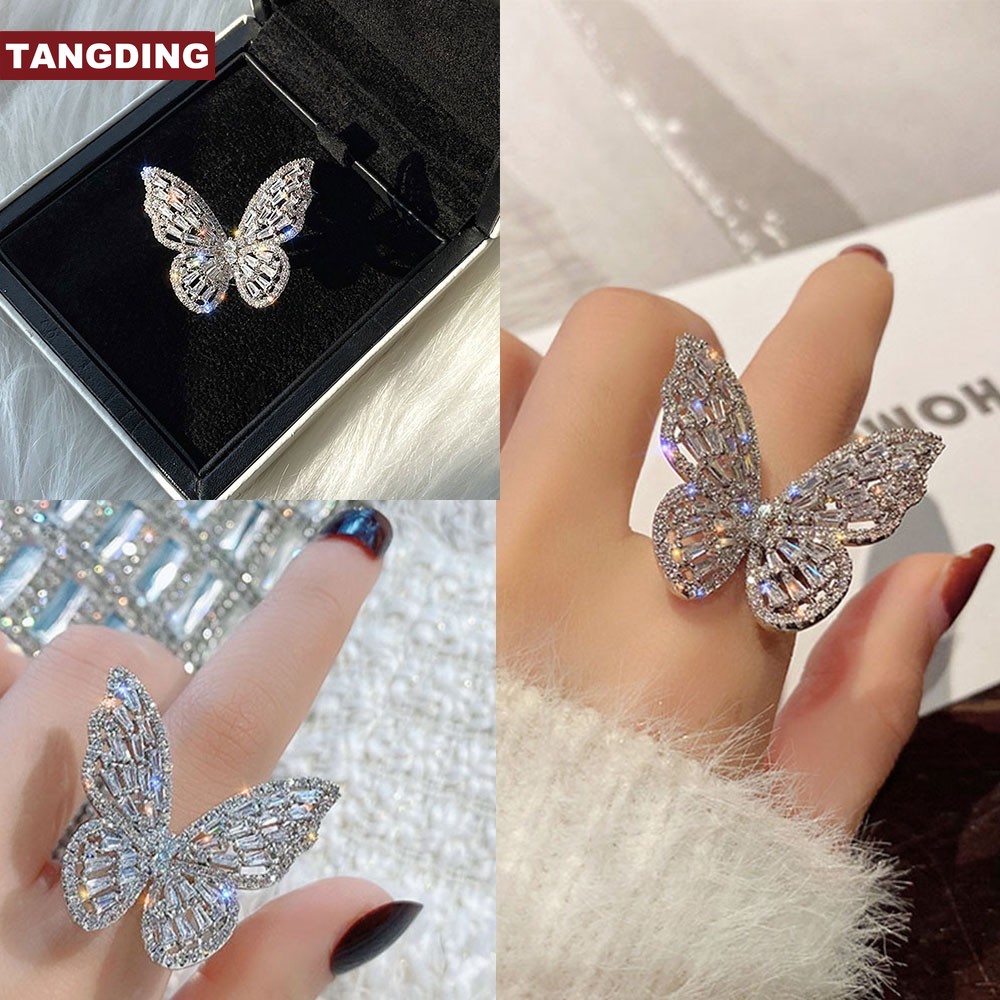 【COD Tangding】Full Diamond Butterfly Opening Ring Hollow Ring Popular Korea Fashion Accessories Jewelry