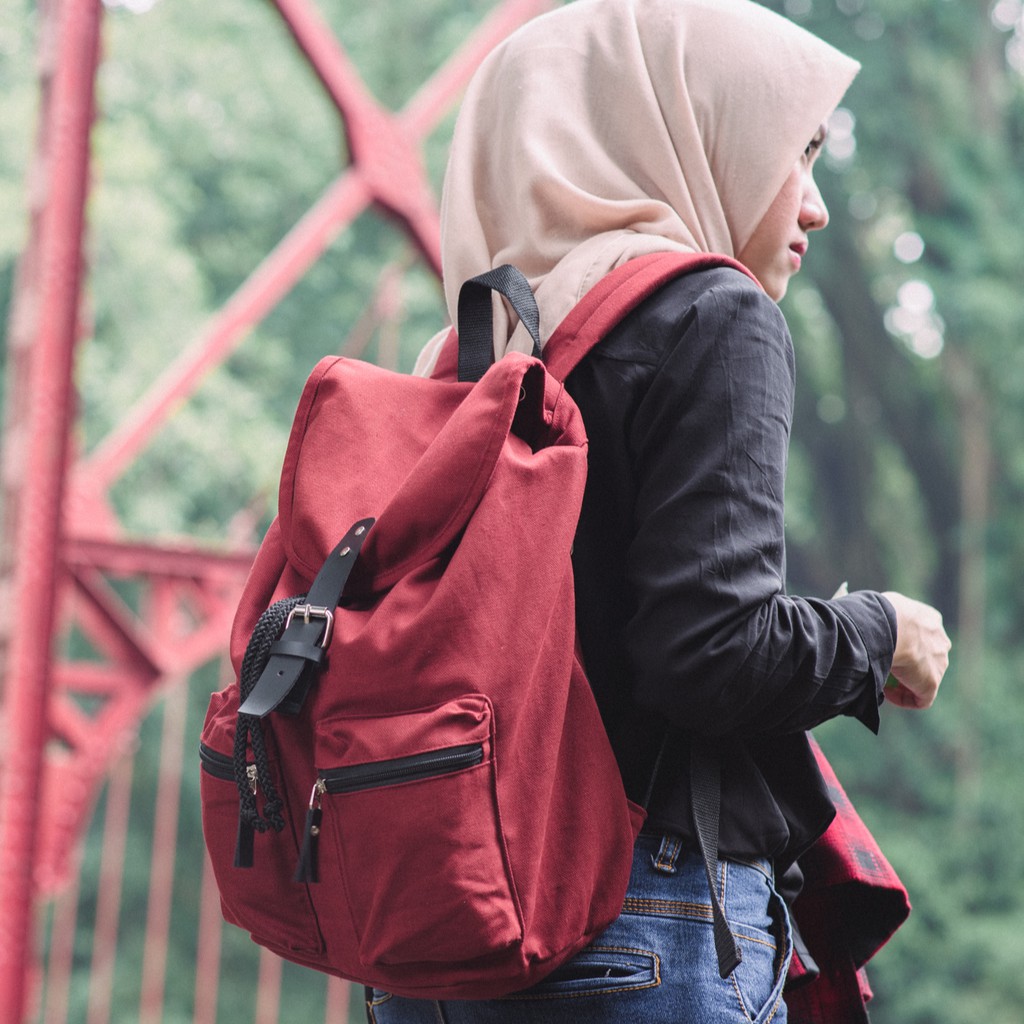 TAS LAPTOP RANSEL KULIAH SEKOLAH KANVAS VINTAGE HEEJOU TRAVELLO MAROON