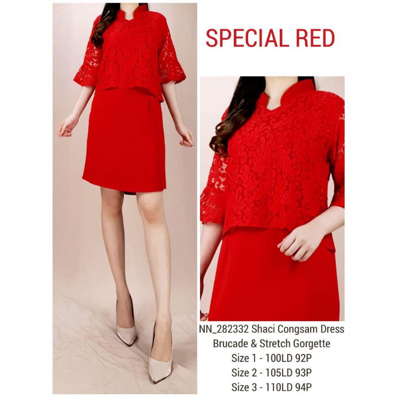 RED DRESS PARTY CHEONGSAM HANI BROKAT COMBI STRETCH GEORGETTE PREMIUM / CONGSAM DRESS WANITA MERAH
