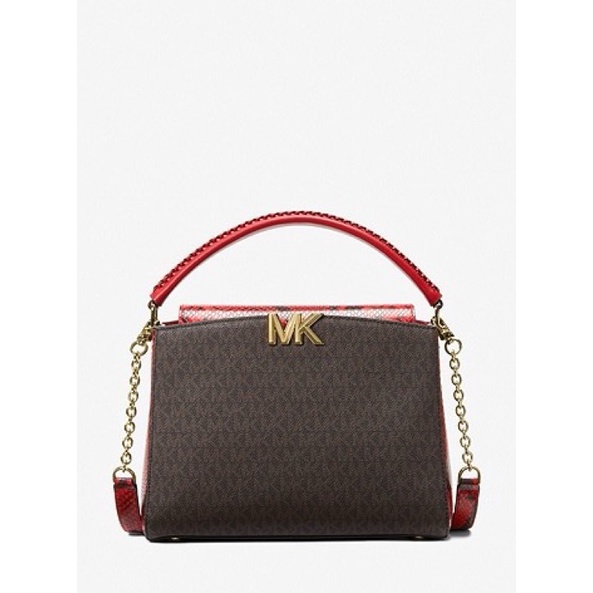 Michael Kors MK Karlie Medium Logo and Embossed Leather Satchel crimson