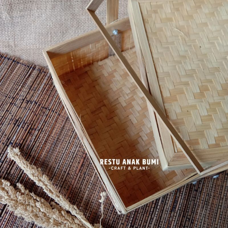 (B103) Rantang Bambu Kotak 25cm 2 Susun|Wadah Nasi|Tempat Makanan|Hantaran|Nasi|Hampers|Camping