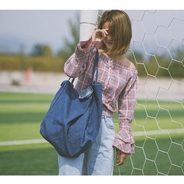 Denim Korean Jeans Totebag Bika Kasual Plain Tas Bahu Wanita Casual Santai Import Tas Sekolah kuliah