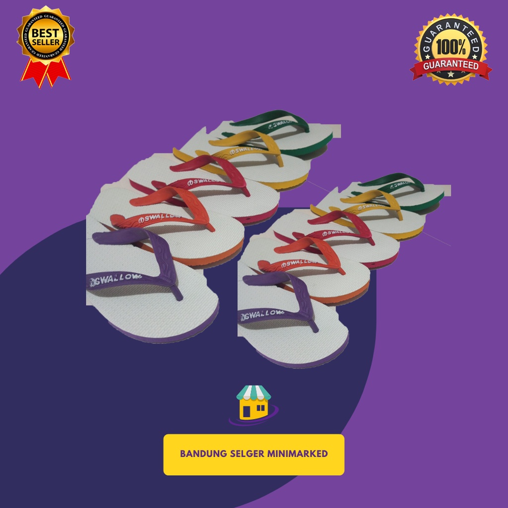 SANDAL KARET SWALLOW ORIGINAL UKURAN 9-11 WARNA UNGU, ORANGE, MERAH, KUNING, HIJAU