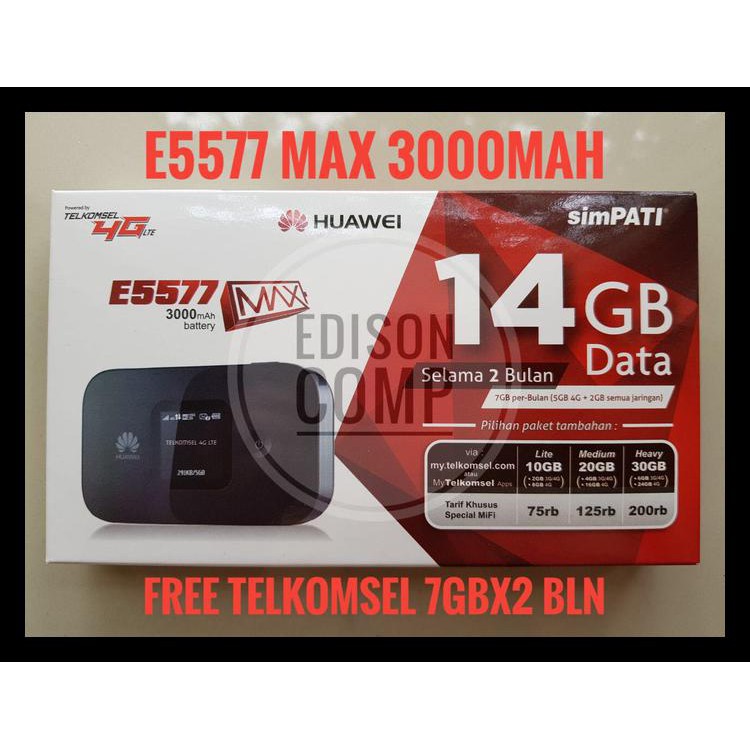 Mifi Modem Wifi Router 4G Huawei E5577 Free Telkomsel 14Gb 2Bln Max Stok Terbatas