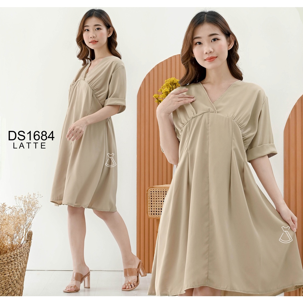 DS1684 - Dress Casual  Bengaline Tencel Flare Adem Korean Style Bumil