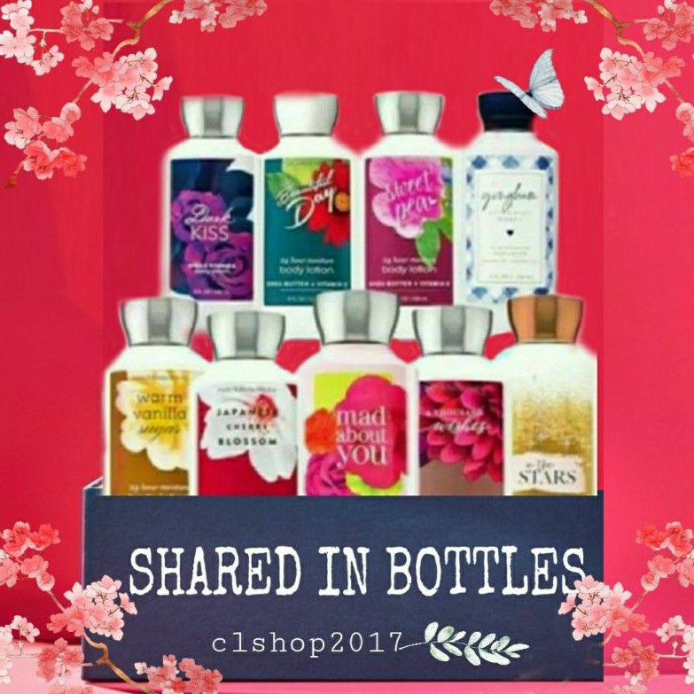 BBW BODY LOTION SHARE IN BOTTLE 3 ML &amp; 30 ML PART 2/4 ROSE HELLO BEAUTIFUL DARK KISS WINTER CANDY APPLE WINTERBERRY WONDER WAIKIKI BEACH COCONUT RASPBERRY SUGAR JAM DONUT ROSE WATER &amp; IVY TWISTED PEPPERMINT CACTUS BLOSSOM CHAMPAGNE TOAST VANILLA BEAN NOEL