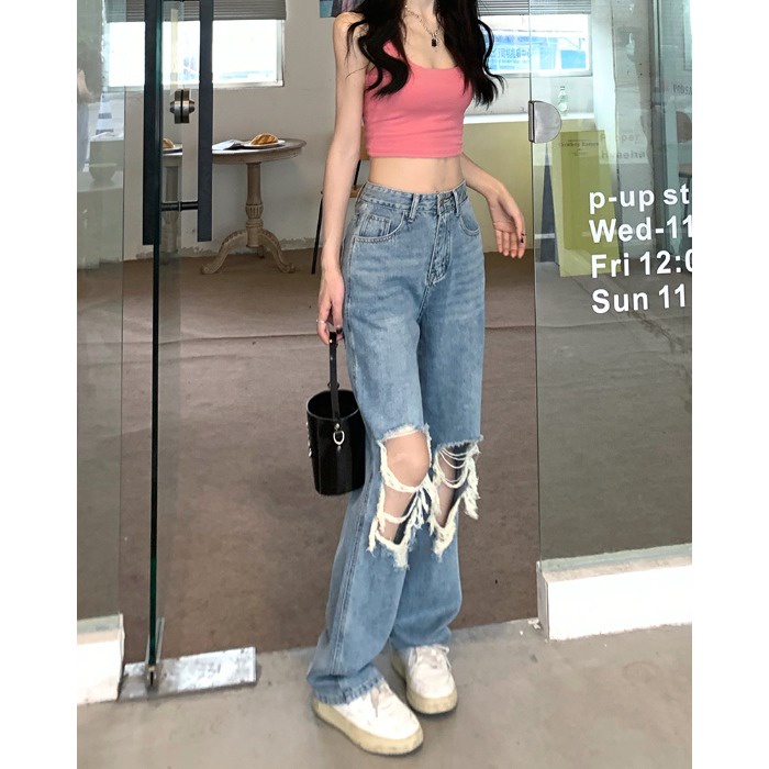 Gaya Korea Jeans Retro Jeans Wanita Pinggang Tinggi Slim Celana Lurus Musim Panas Longgar Lebar Kaki