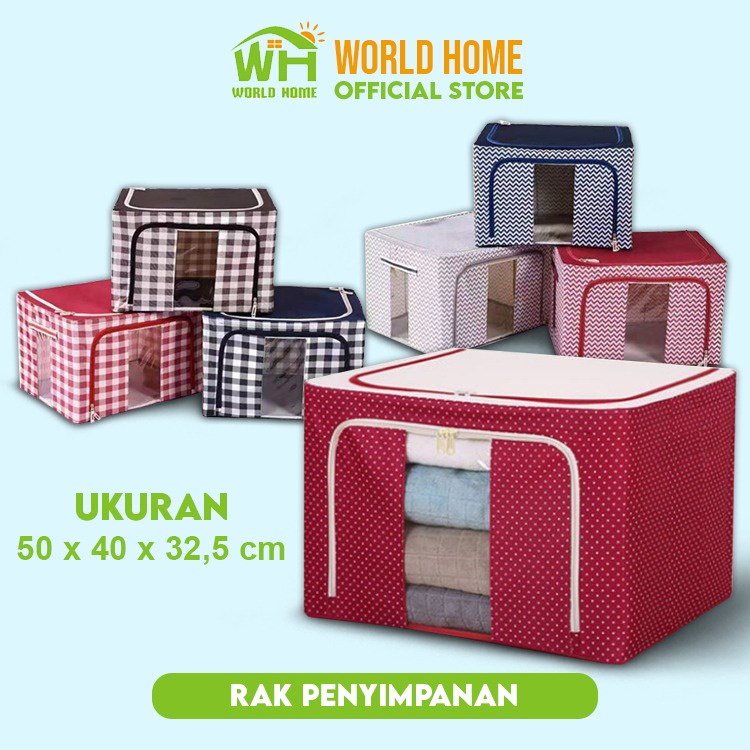 WHI Kotak Penyimpanan Multifungsi Organizer Serbaguna Storage Box 66L Double Zipper Frame Baja Large Besar Multifungsi Termurah