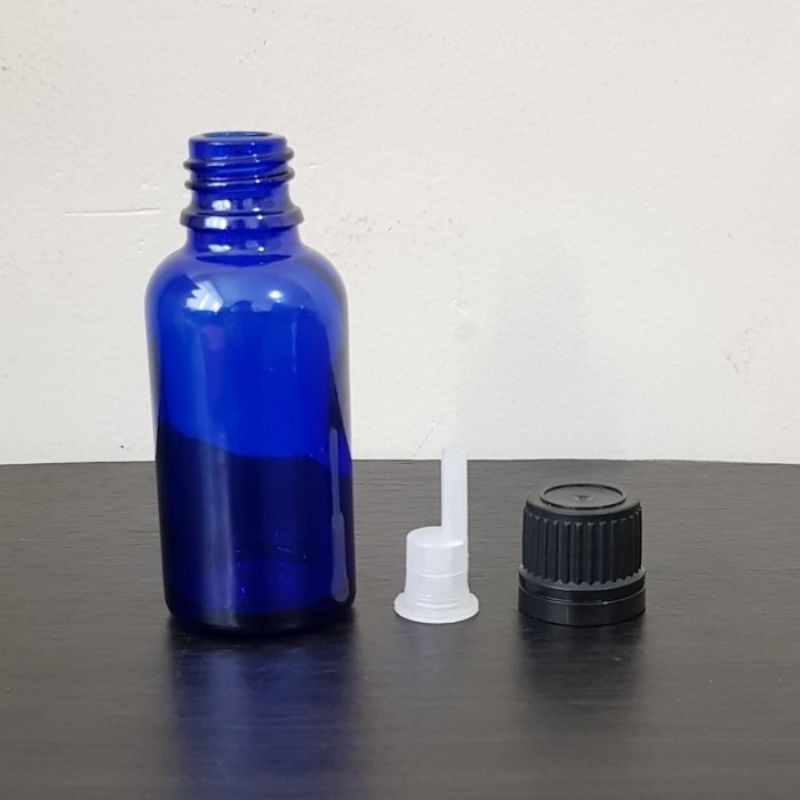 botol kaca 30ml tebal biru tutup filler hitam