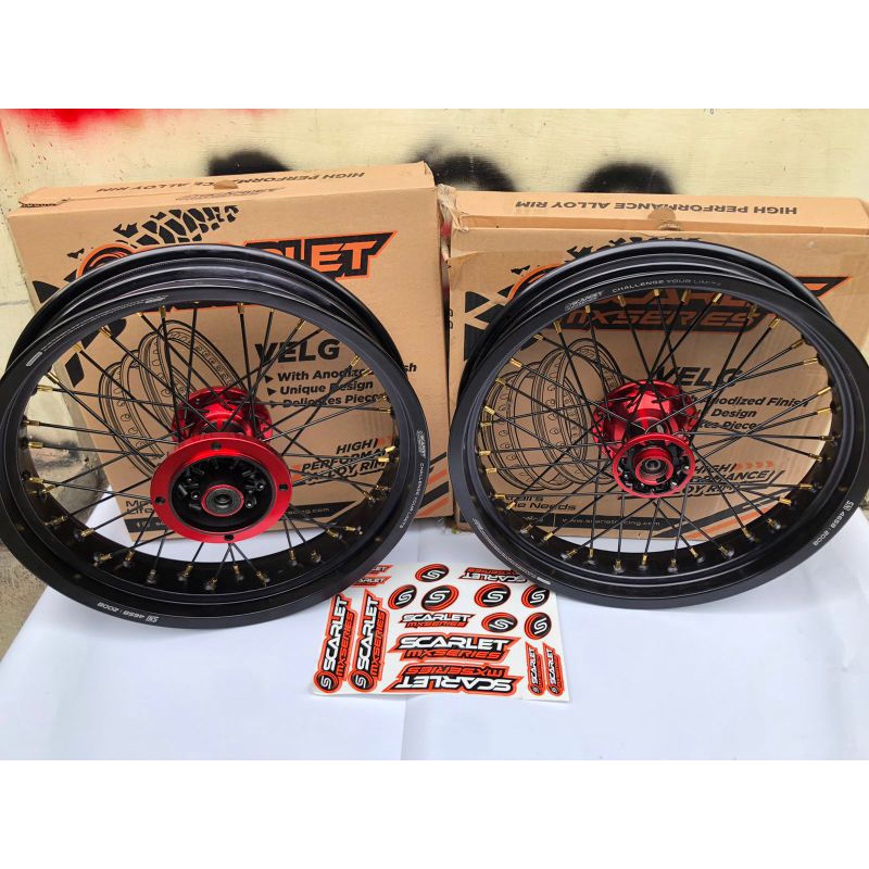 Paket hemat velg supermoto klx 150 & dtracker velg scarlet 300-350 dan tromol cnc scarlet dan jari" 