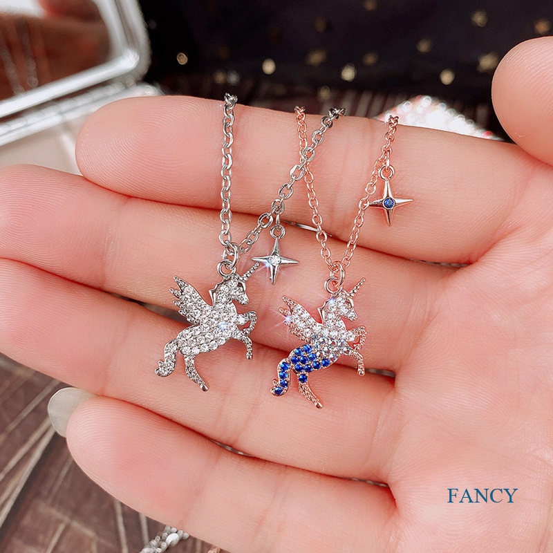 Kalung Liontin Unicorn Aksen Kristal Gaya Kasual Untuk Wanita