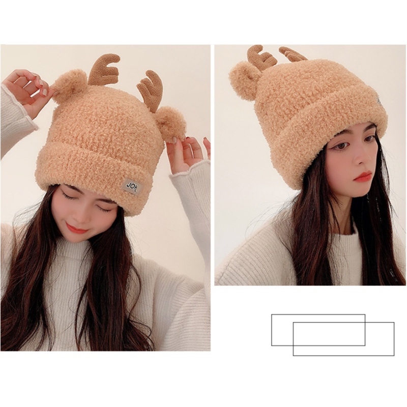 Topi Beanie Pelindung Telinga Bahan Wol Rajut Desain Kartun Tanduk Rusa Untuk Pertemuan Keluarga