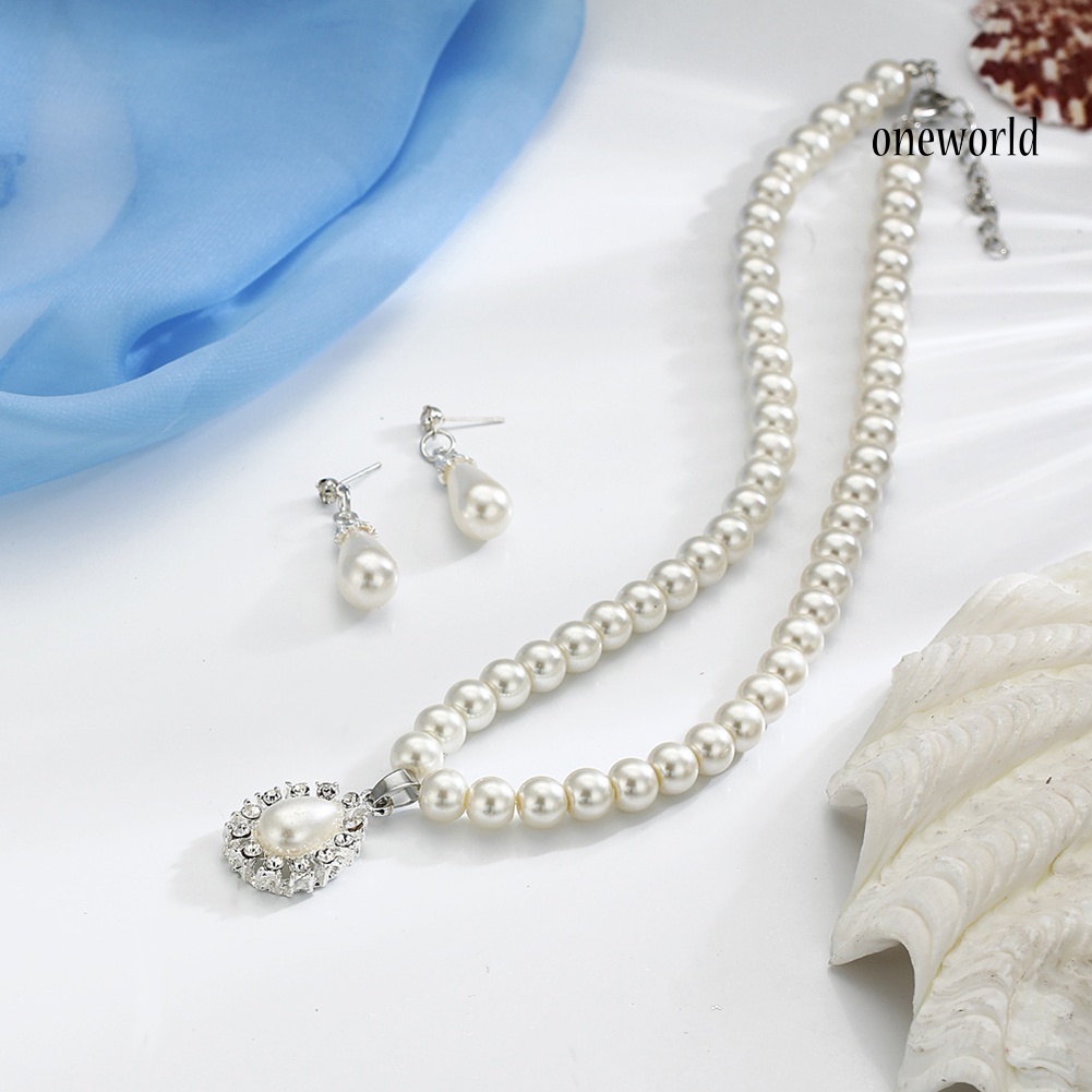 OW@ Water Drop Faux Pearl Beaded Rhinestone Bridal Necklace Earrings Jewelry Set