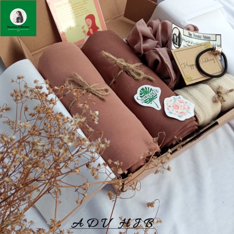 

Hampers HIJAB PASHMINA CERUTY babydoll PREMIUM GIFTBOX ULTAH Kado Wisuda Graduation ANNIV Babydoll Makeflow