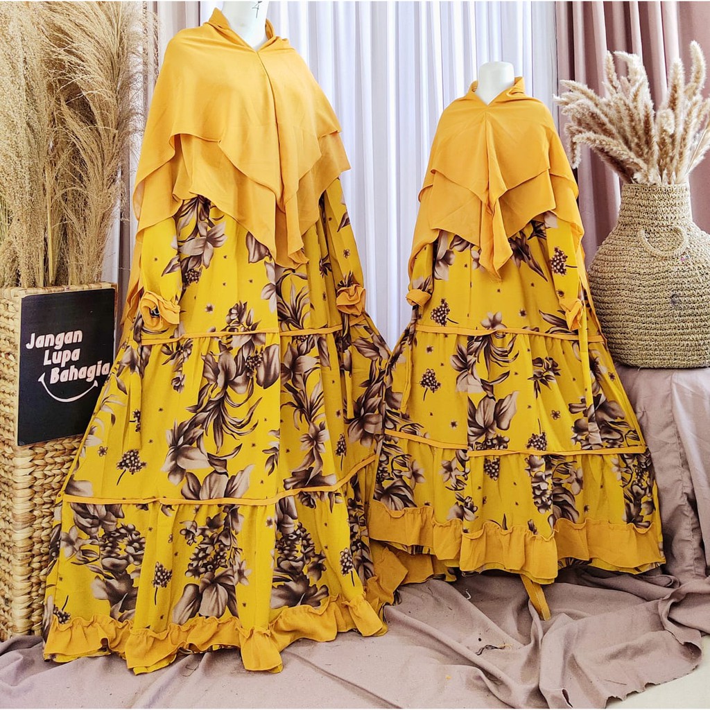 GAMIS COUPLE IBU DAN ANAK MOTIF KAMBOJA// GAMIS MONALISA// HIJAB CERUTY// HARGA UNTUK 2 GAMIS+ HIJAB