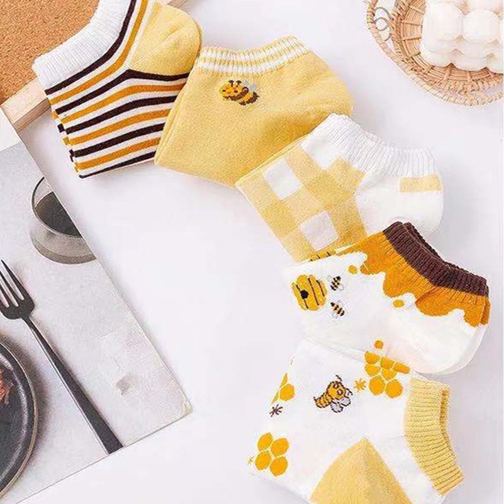 BRGUNIK Kaos Kaki Wanita Motif Bunga Lebah Bee Kuning Fashion Korea Women Sock Import KK002