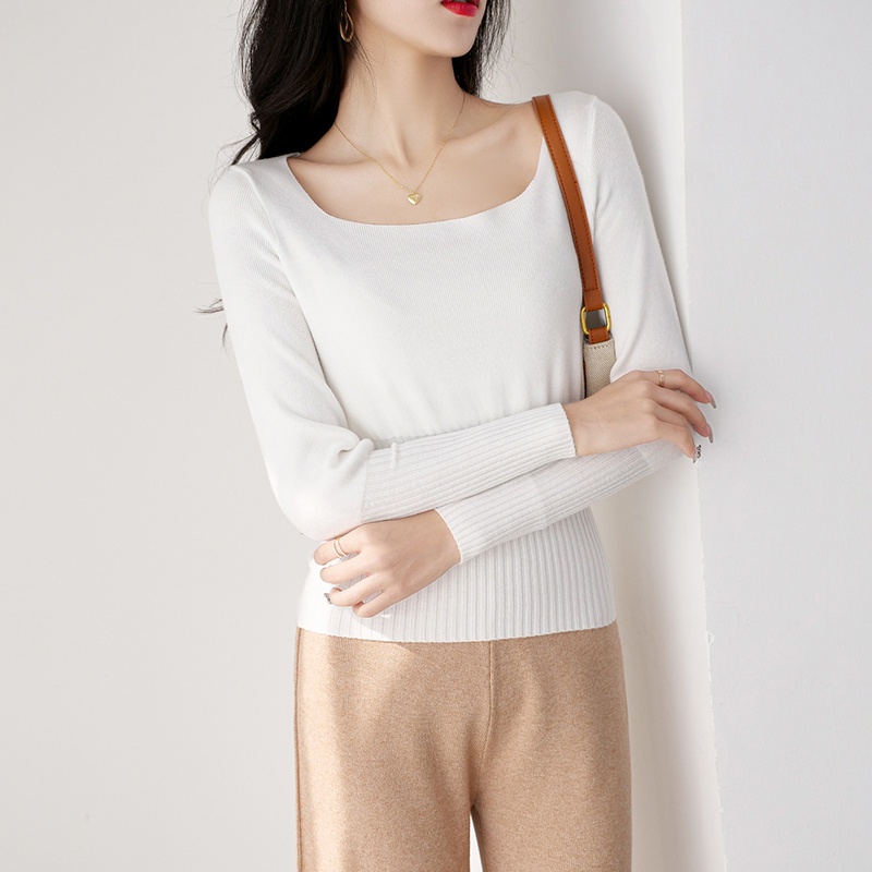 【Elegant】Fashion Plain Casual Square Neck Long Sleeve T-Shirts 7370