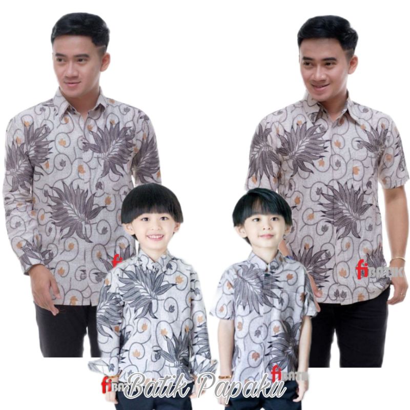 Kemeja Batik Anak Laki-Laki Lengan Panjang Couple Batik Ayah dan Anak Cowok warna Abu Muda Silver Mo