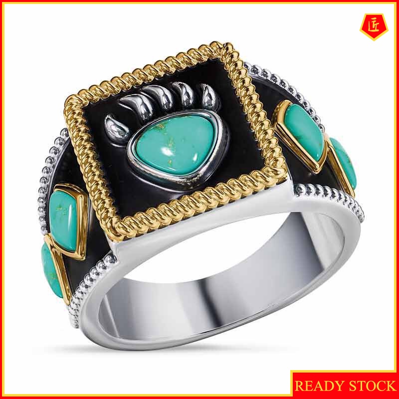 [Ready Stock]Retro Personalized Turquoise Bear Claw Ring