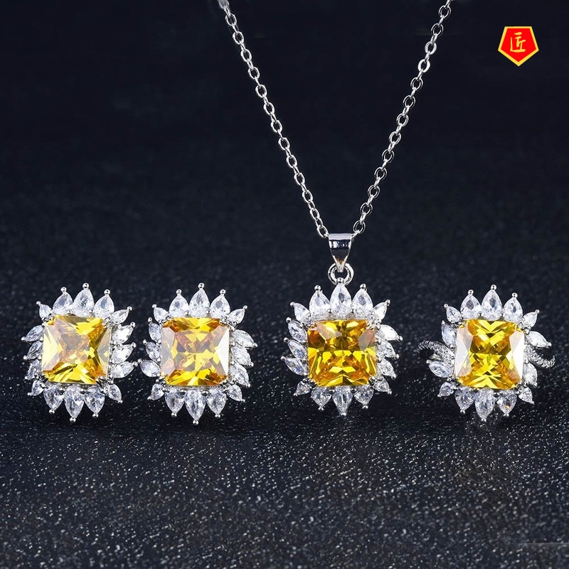 [Ready Stock]Luxury Yellow Diamond Argyle Pink Diamond Rings Ear Stud Necklace Set