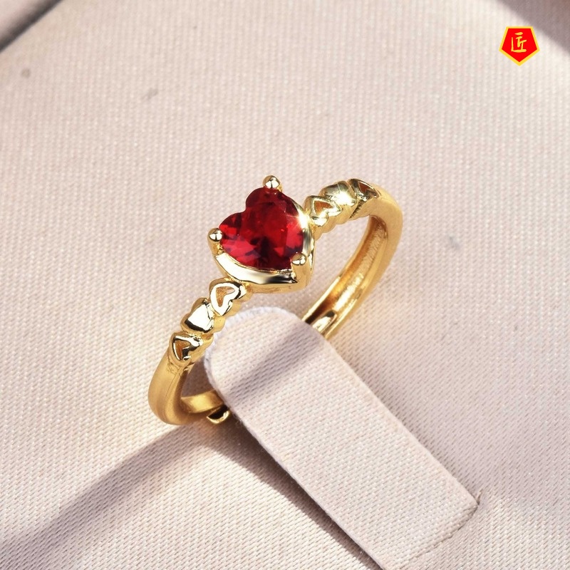 [Ready Stock]Love Heart-Shaped Red Diamond Ring 18K Gold Ins Style Simple