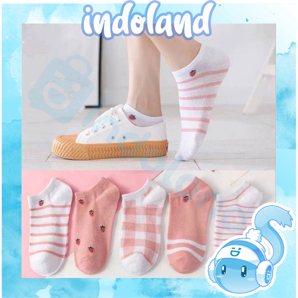 ☀ INDOLAND ☀ Kaos Kaki Wanita Motif Kotak Pink Strawberry Fashion Korea Women Sock Import R601