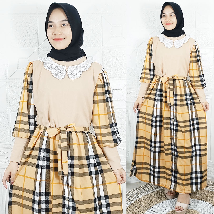 DRESS MIDI KOTAK BURBERRRY RENDA CANTIK WANITA CARLINA FASHION
