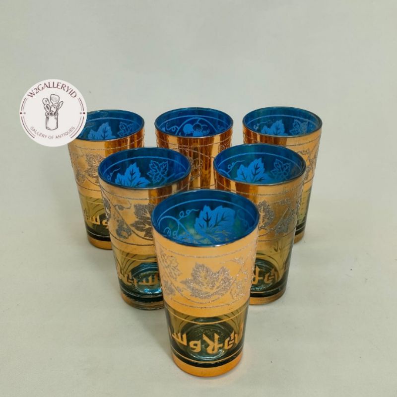 Gelas kaca biru hiasan emas/gelas kaca biru emas korea/gelas kaca emas mewah