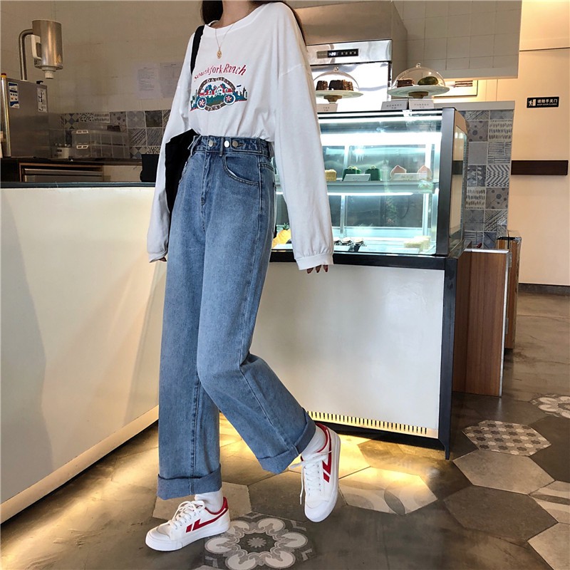 XIAOZHAINV Jeans High Waist Straight Loose Korean Style Celana Wanita