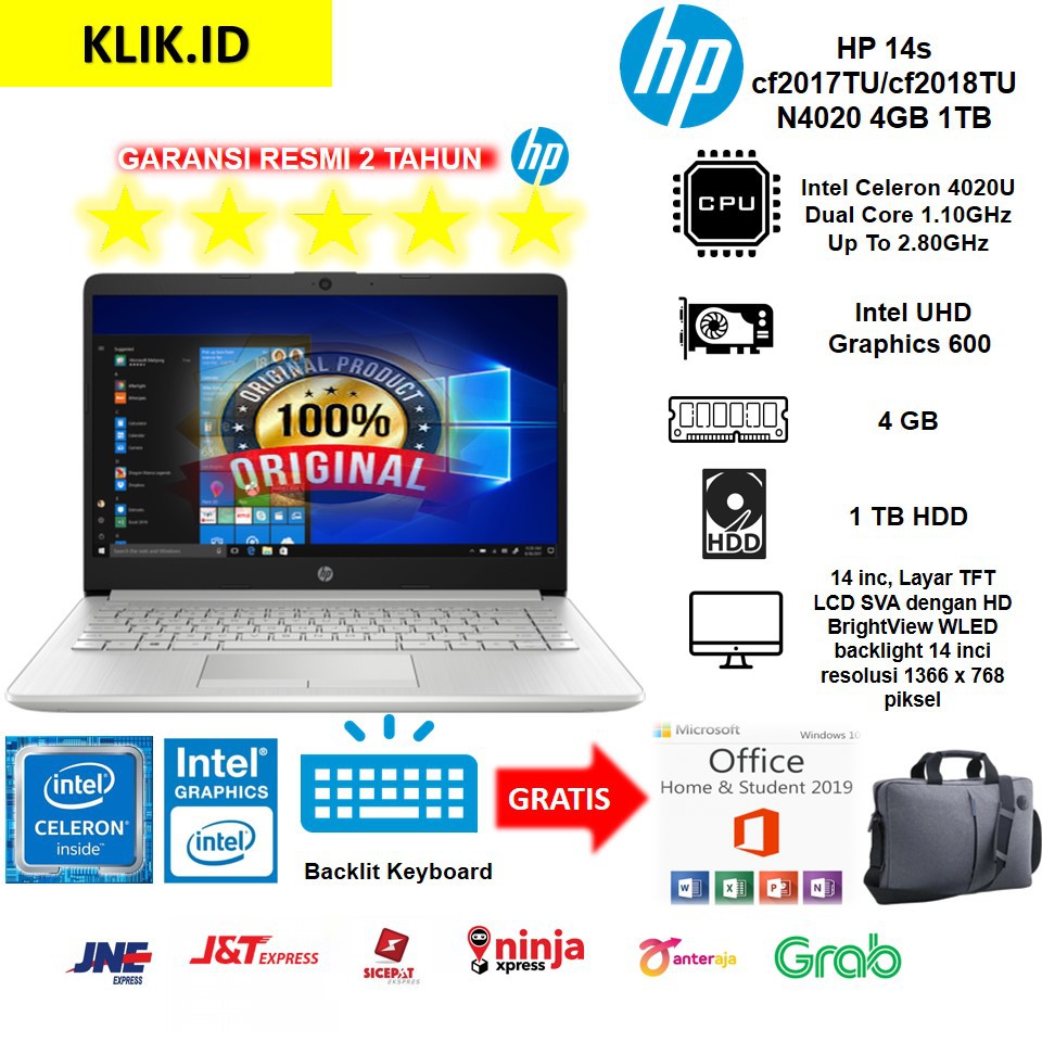 HP 14s CF2017TU CF2018TU - Intel N4020U - 4GB - 1TB - 14" - Backlight Keyboard - Win10 - Office