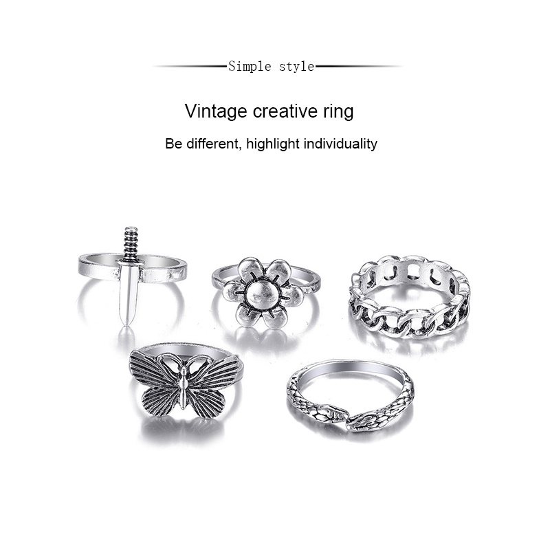 5Pcs Retro Cincin,Kupu-kupu Set,Sederhana Kreatif Cincin,Fashion Wanita Aksesoris,Hadiah Untuk Sahabat