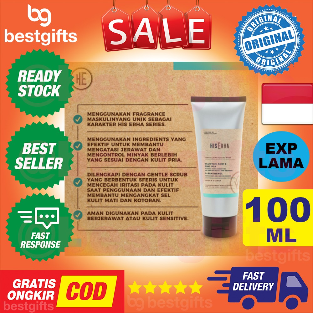 HIS ERHA GENTLE ACNE FACIAL WASH PEMBERSIH WAJAH PRIA KULIT MUKA BERMINYAK BERJERAWAT JERAWAT 100 ML