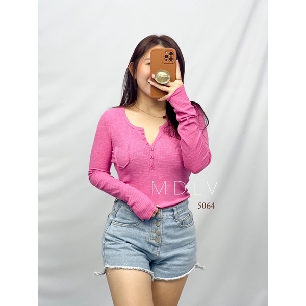 MDLV ~ 5064 Freesia Ribbing Top Button Rib Knit Blouse Rajut Fashion Wanita