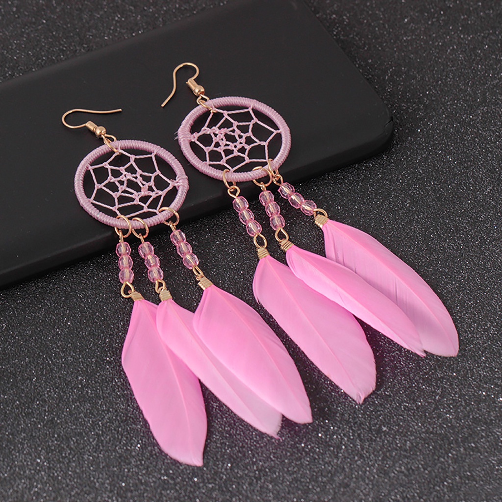 Hu Hu Hu Hu Hu Alat Bantu Pasang Kacamata♡ 1 Pasang Anting Desain Bulu Dream Catcher Hollow Out Gaya Etnik Bohemia