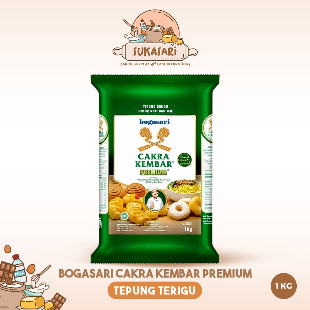 

Sukasari - Tepung Terigu Bogasari 1kg / Cakra Kembar 1kg Protein Tinggi