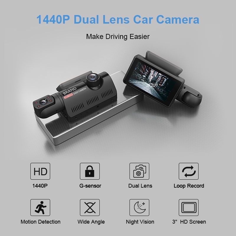 Acroder Dash cam 1440P 3&quot; IPS Screen front built-in night vision Loop Recording