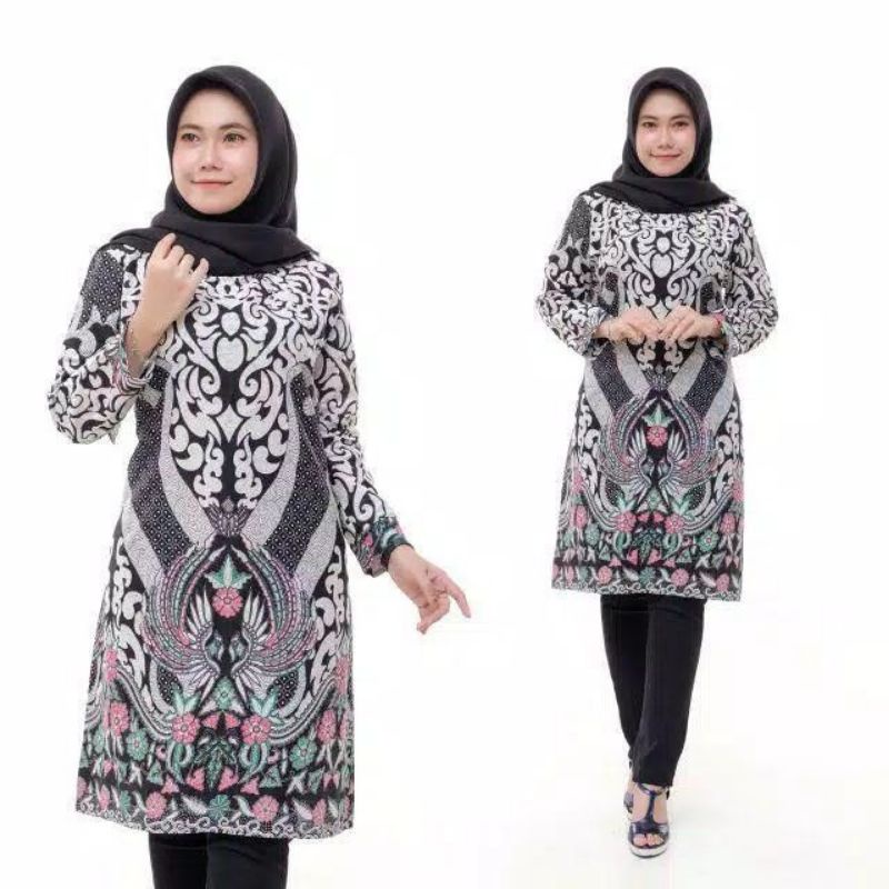 Tunik Batik Wanita Modern Terbaru JUMBO M L XL XXL Atasan Batik Wanita Seragam Murah Riskymabatik-Tunik mustika abu