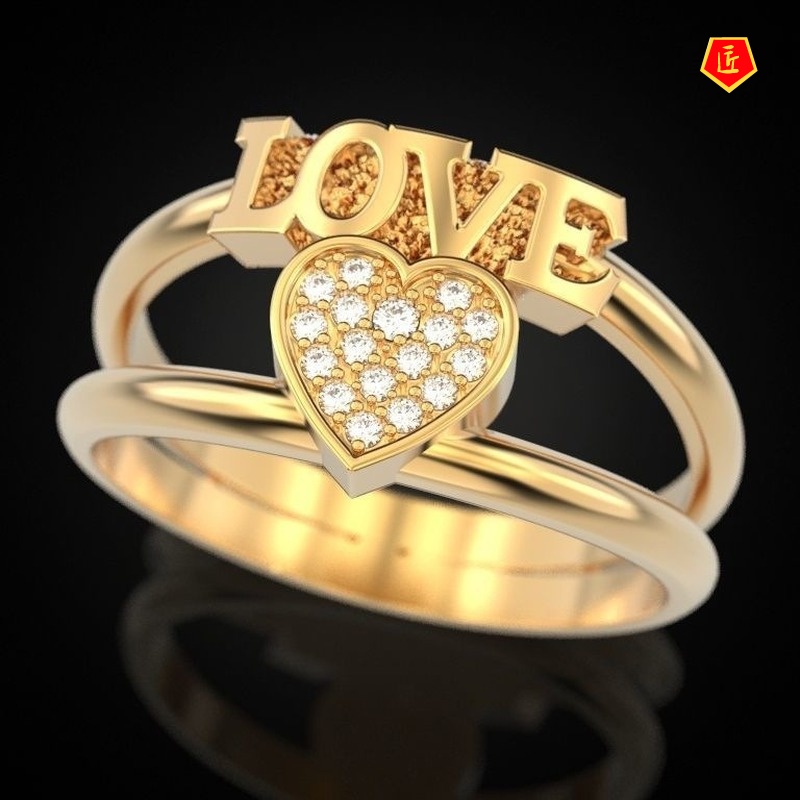 [Ready Stock]Creative 18K Gold Double-Layer Love Diamond Ring