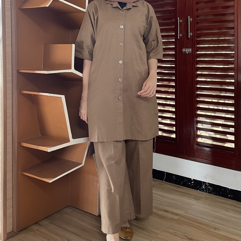 SET LINEN TUNIK ATASAN DAN KULOT JUMBO WANITA LENGAN 3/4| SETELAN KEMEJA LINEN