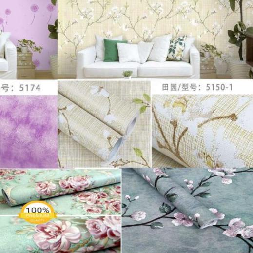 ♠ ( ) WALLPAPER STICKER DINDING MOTIF BUNGA MINIMALIS ELEGANT Ungu Pink Putih Abu Hitam Hijau Tosca 
