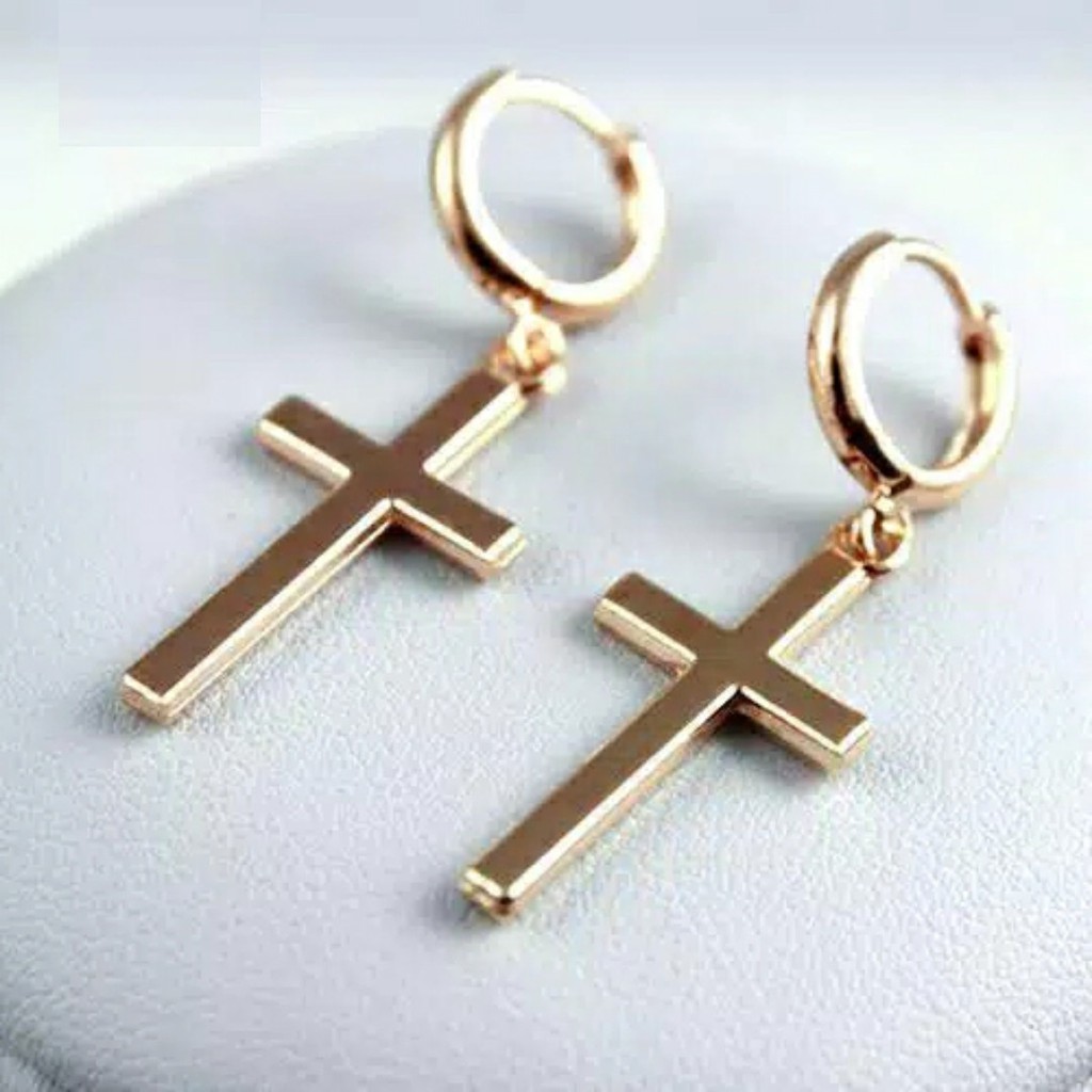 Anting Salib Menjuntai Hoop Earring Cross Dua Warna