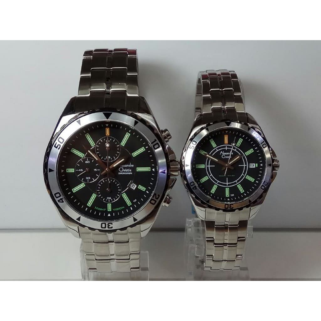 JAM TANGAN ALEXANDRE CHRISTIE AC 9214 PRIA 9215 WANITA COUPLE SPORTY NIGHT VISION SILVER BLACK