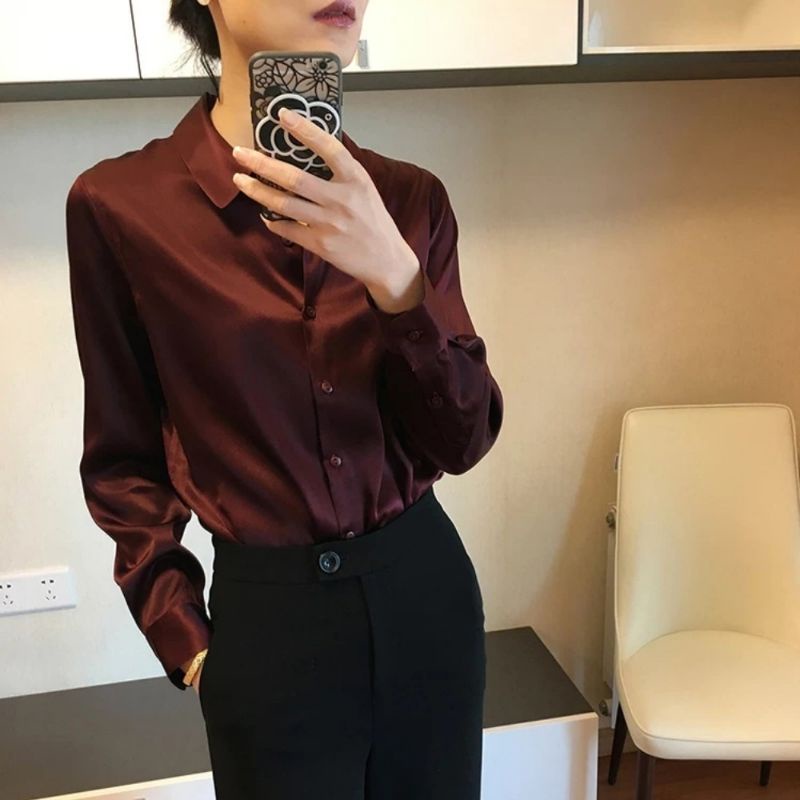 Zero~ 2520 Adella Silk Satin Plain Shirt//Atasan Kemeja &Blouse Wanita//Fashion Import-Maroon