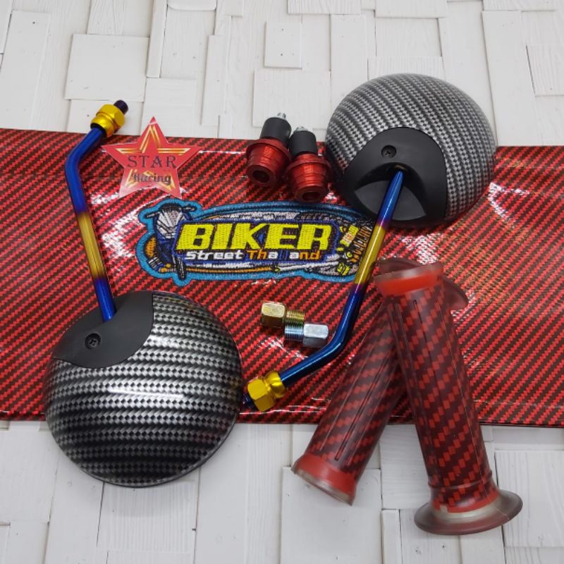 spion bulat Scoopy Carbon twotone+kulit jok biker+handgrip Carbon+Jalu stang universal motor Honda