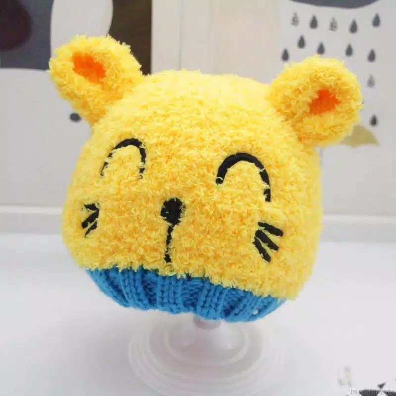 Topi Kupluk anak Bayi Rajut Fleece smiley cat hangat lembut fashion baby import-Kuning