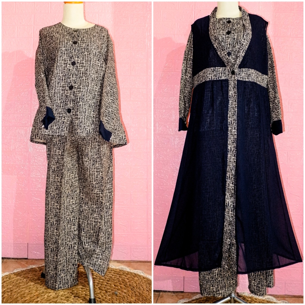 Gamis Set Thamrin 2 in 1 bahan Ceruty Mix Katun Rami Motif Abstrak