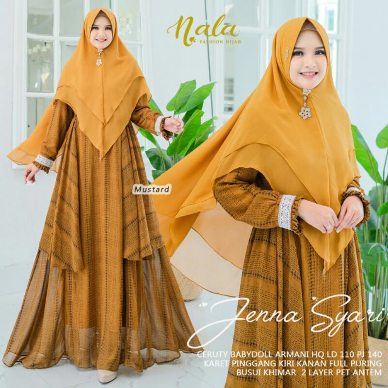 Jenna Syari Gamis Set Hijab Syari Bahan Ceruty Babydol Ld 110cm Pb 140cm
