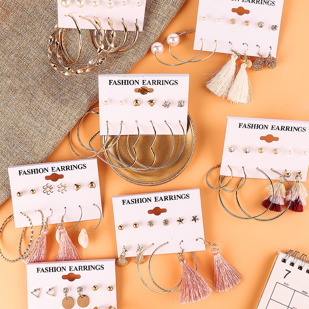 Pengiriman Lokal 12 pcs / Set Anting Hoop Earring 8 Styles Mini Round Shell Cotton Tassel Anting