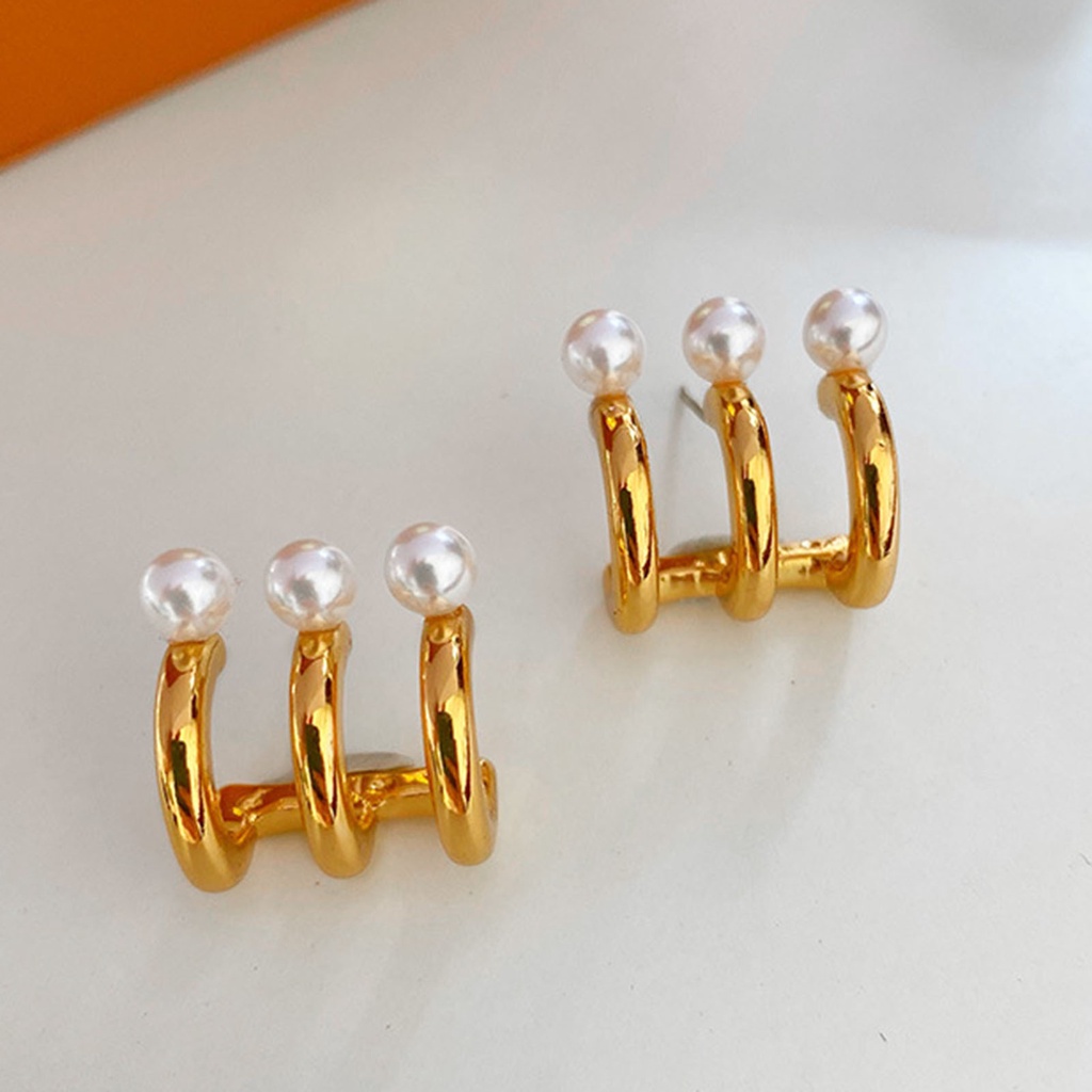 Hu Hu Hu Hu Hu Alat Bantu Pasang Kacamata♡ 1 Pasang Anting Stud Tiga Lapis Aksen Mutiara Imitasi Warna Kontras Untuk Wanita